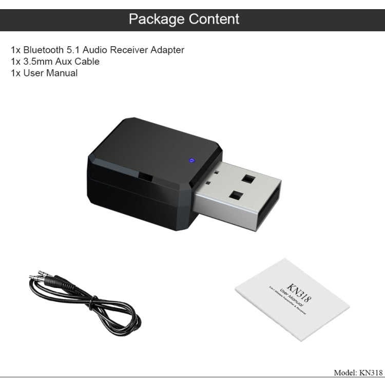 KN318 USB Bluetooth 5.1 Adapter Audio Receiver, KN318 KN318 USB Bluetooth 5.1 Adapter Audio Receiver, KN318